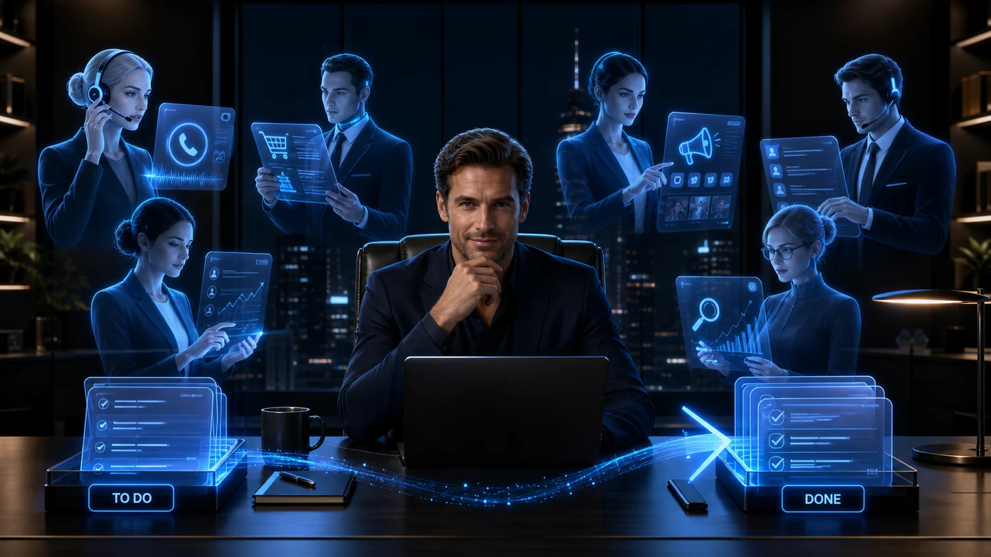 Dirigeant entouré d'agents IA spécialisés automatisant les tâches de son entreprise