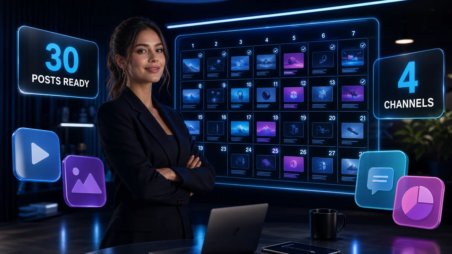 Agente IA devant un calendrier éditorial de trente publications sur quatre canaux