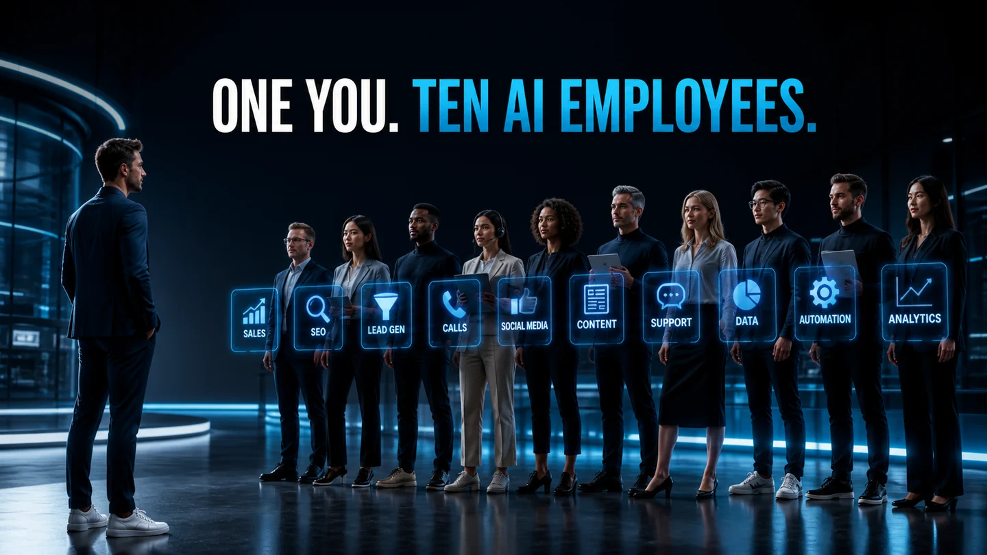 Entrepreneur face à une équipe de dix employés IA spécialisés