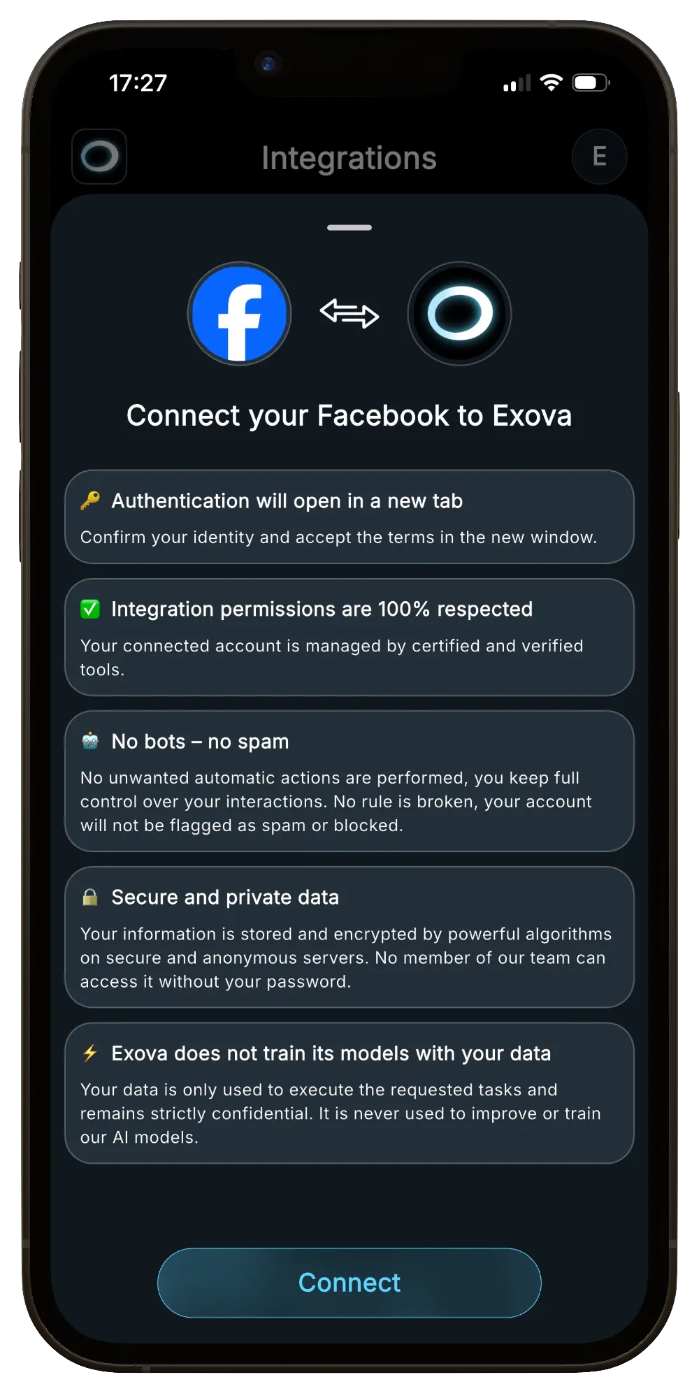 Aperçu de la connexion Facebook dans Exova AI