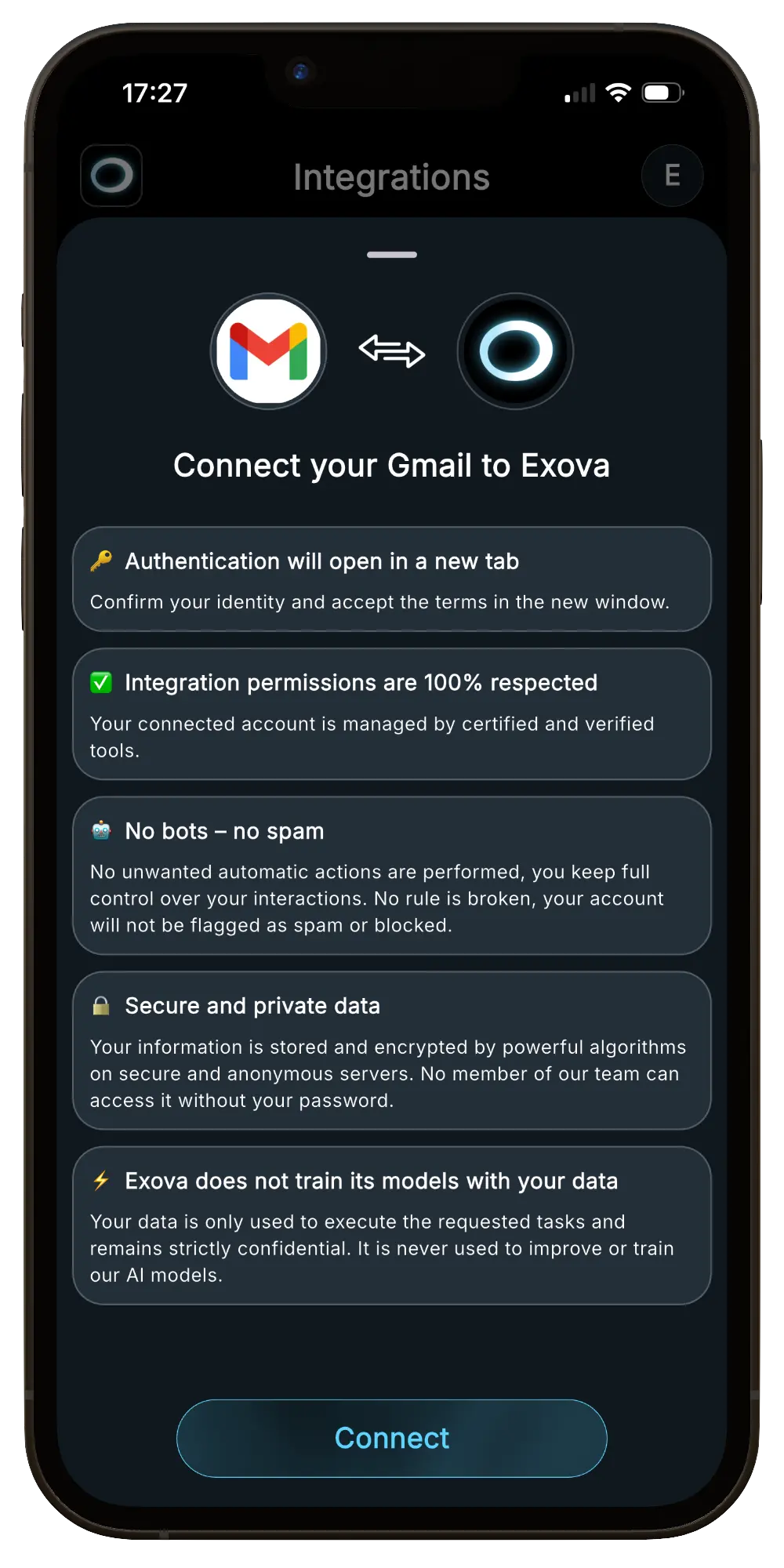 Aperçu de la connexion Gmail dans Exova AI