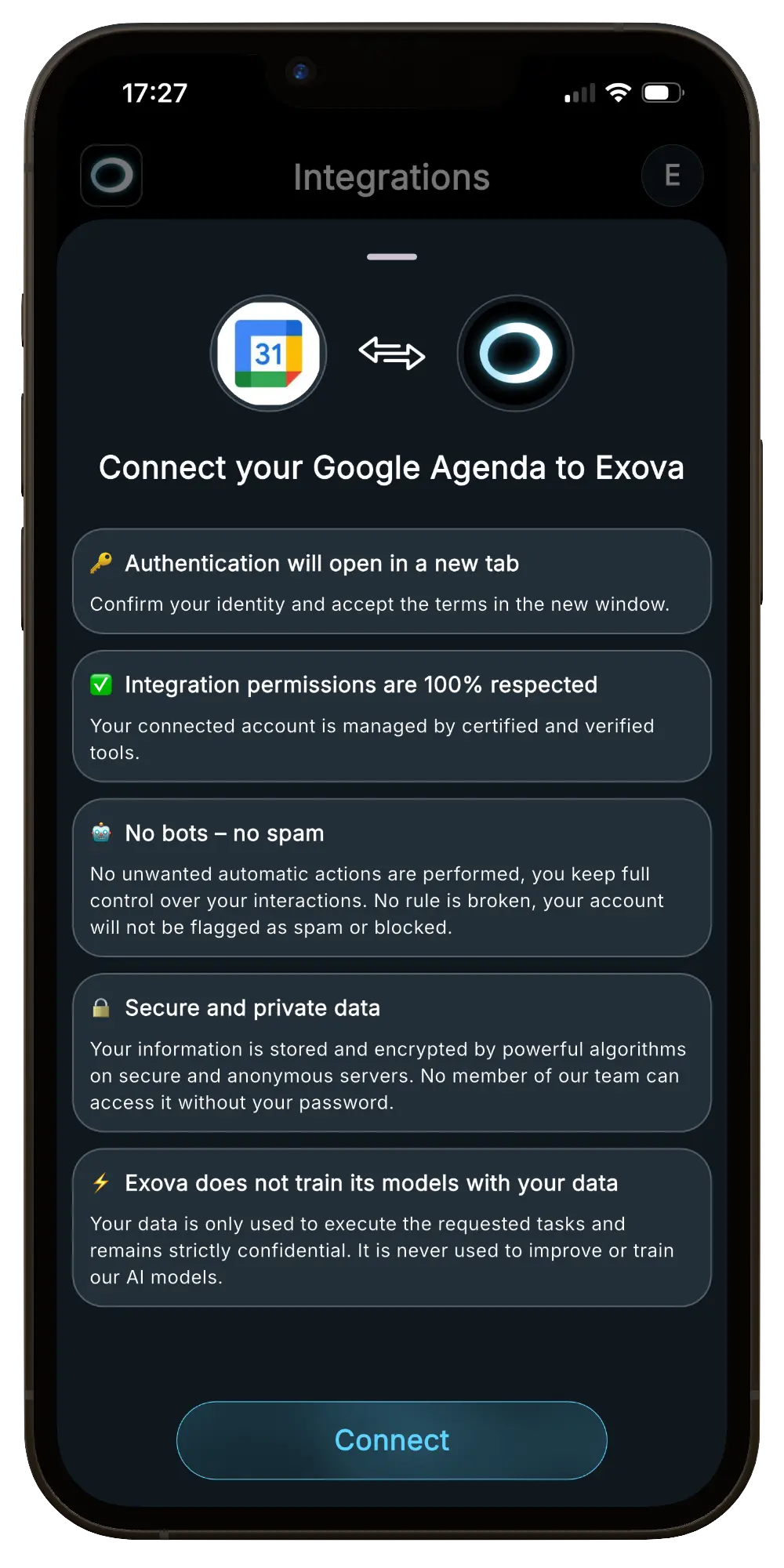 Aperçu de la connexion Google Agenda dans Exova AI