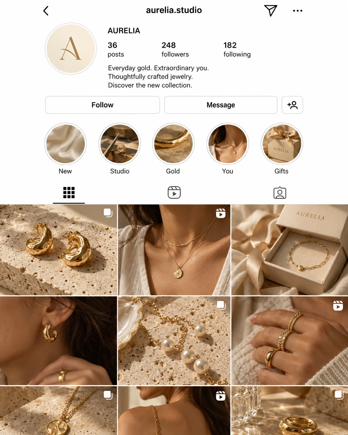 Instagram · Aurelia · 30+ publications. Une présence soignée et cohérente.