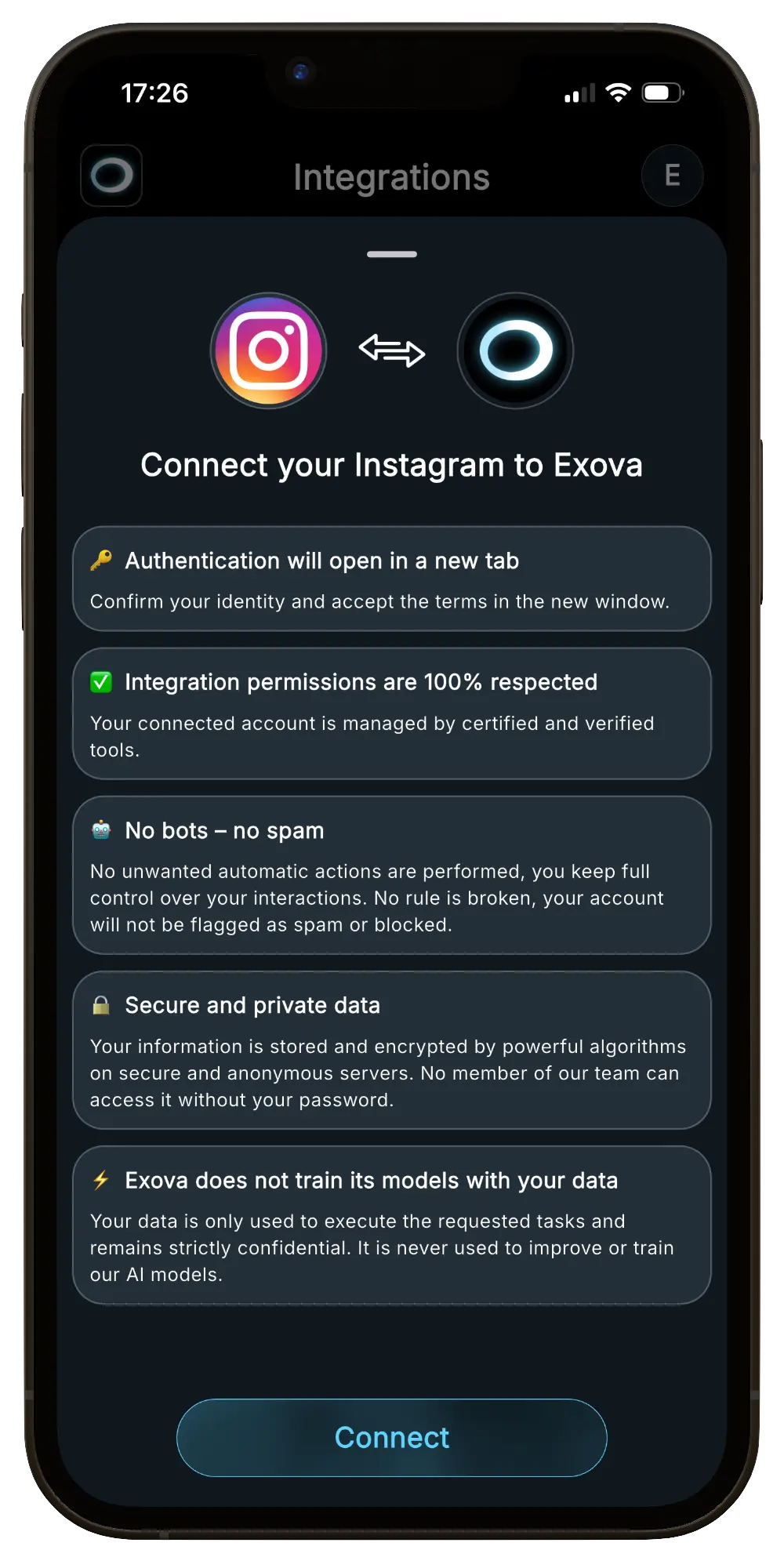 Aperçu de la connexion Instagram dans Exova AI
