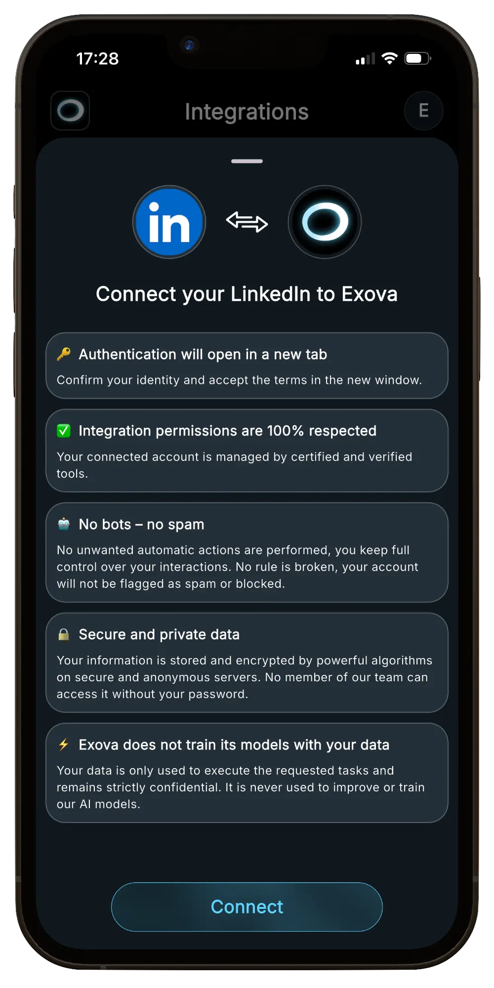 Aperçu de la connexion LinkedIn dans Exova AI