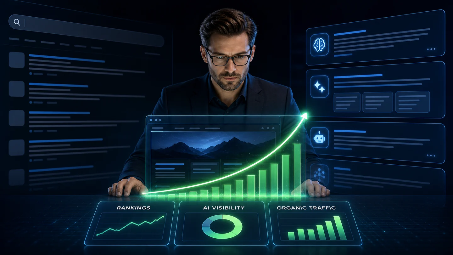 Stratège SEO analysant les classements, la visibilité IA et le trafic organique