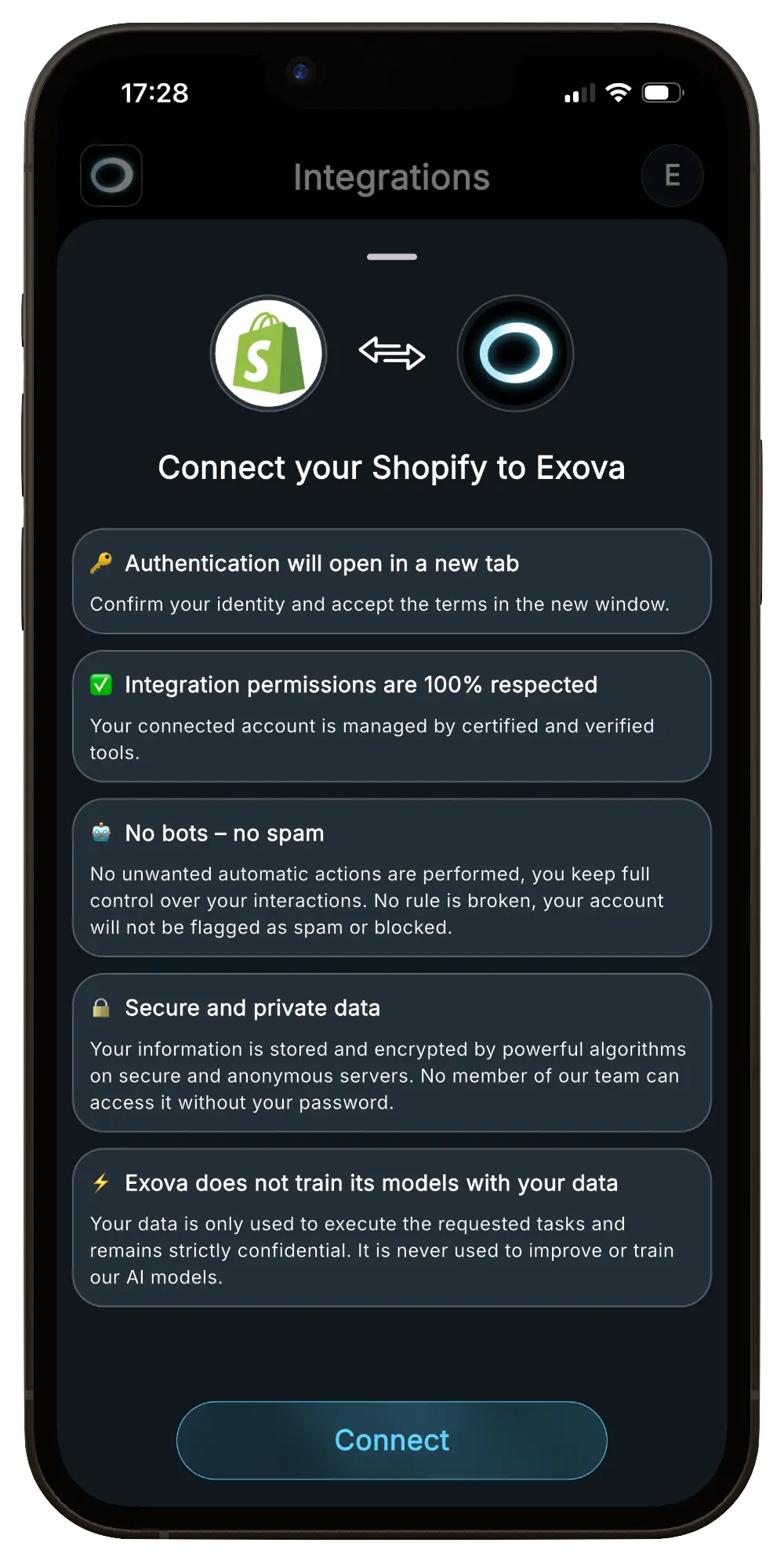Aperçu de la connexion Shopify dans Exova AI