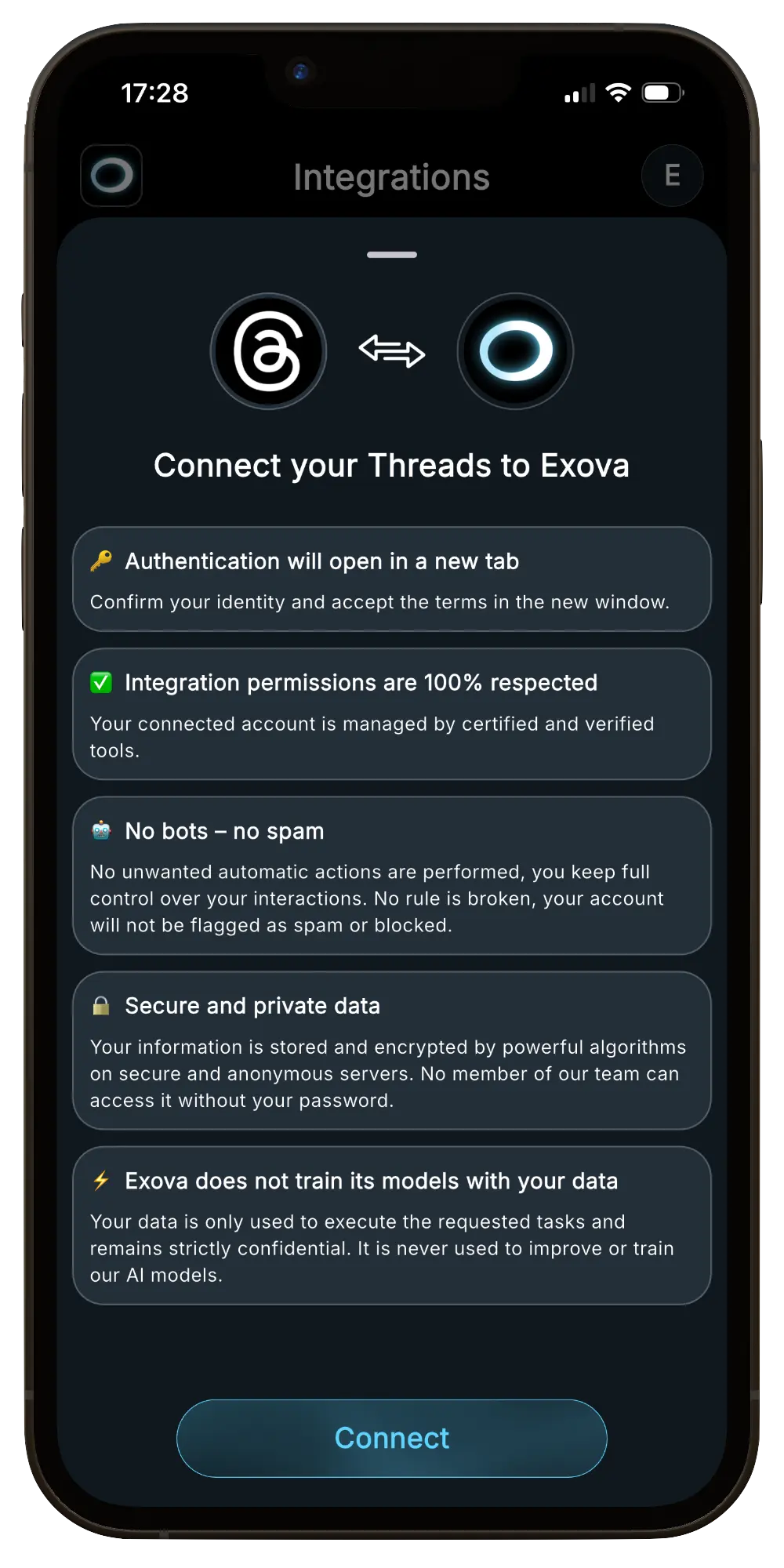 Preview of the Threads connection flow in Exova AI