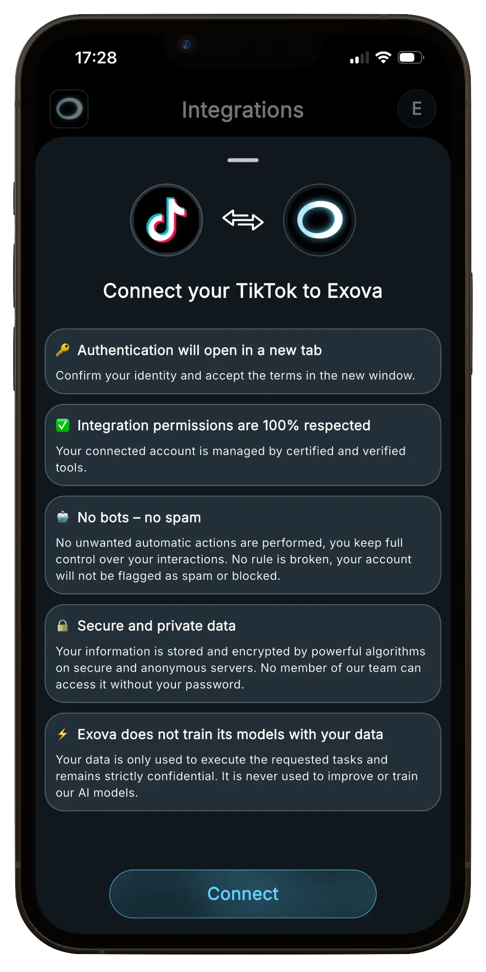 Aperçu de la connexion TikTok dans Exova AI