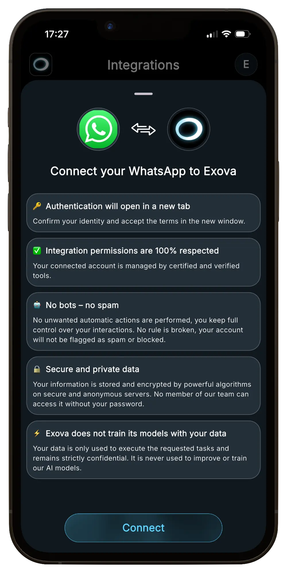 Aperçu de la connexion WhatsApp dans Exova AI