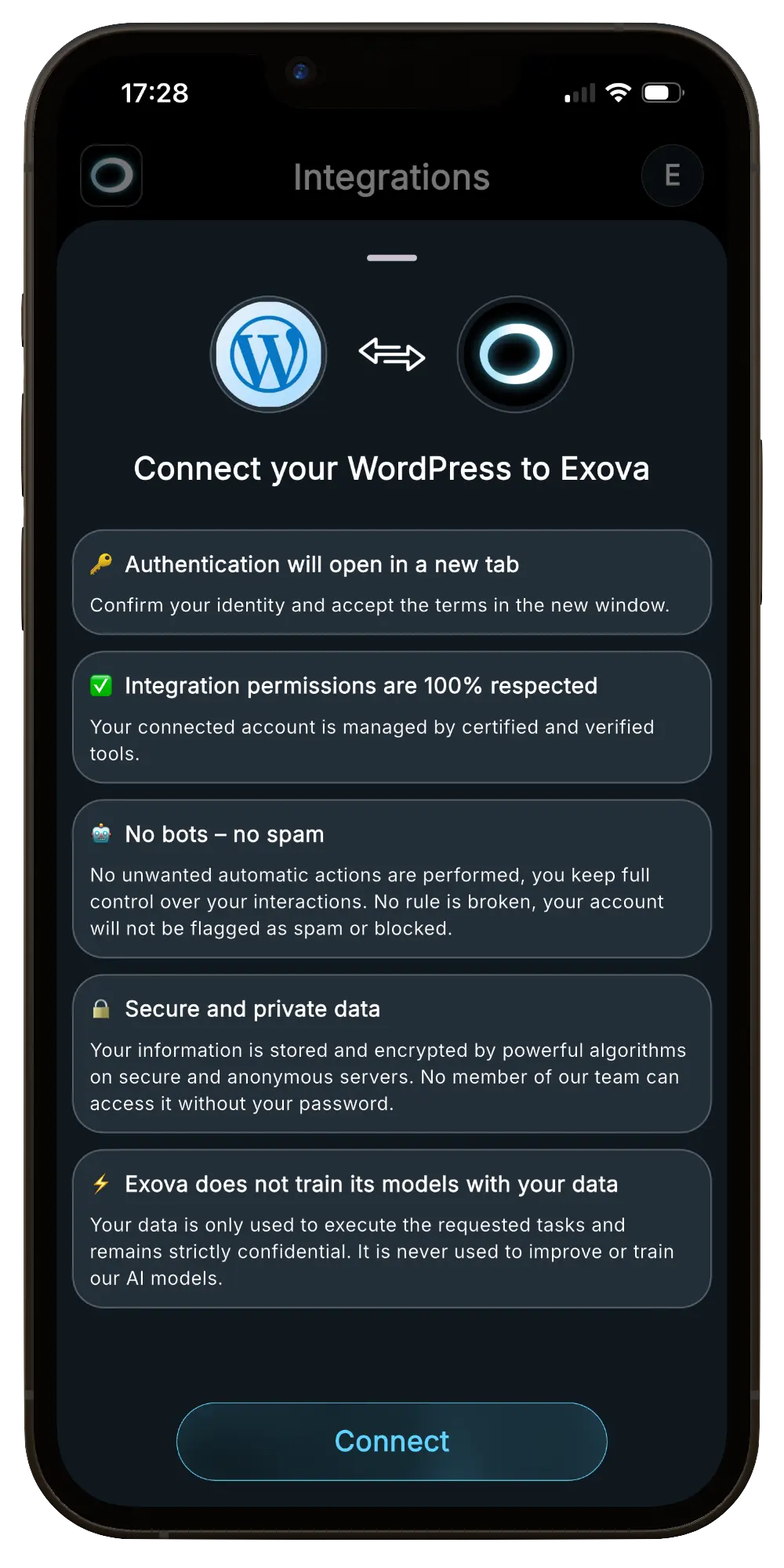 Aperçu de la connexion WordPress dans Exova AI