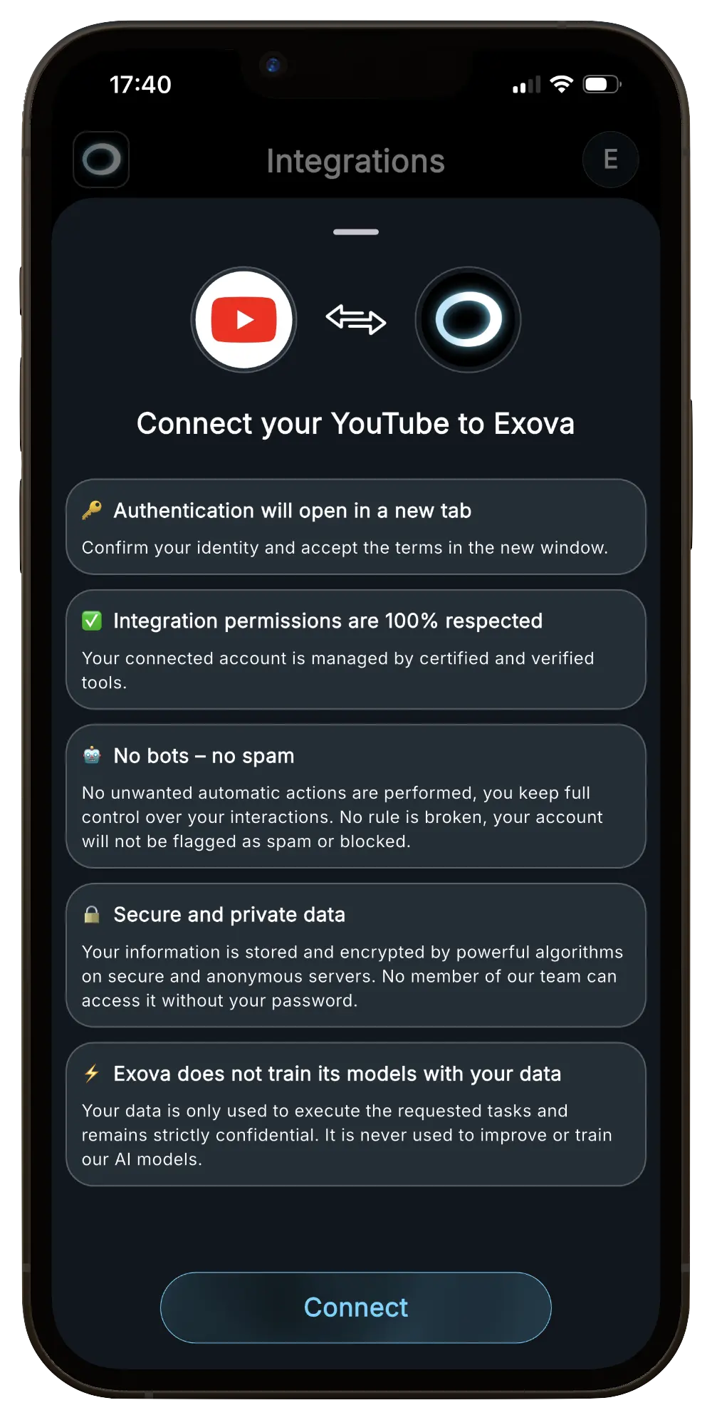 Aperçu de la connexion YouTube dans Exova AI